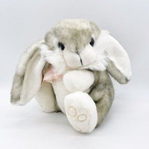 Vintage Gray White Floppy Lop Eared Bunny Rabbit Pink Bow 12” Easter